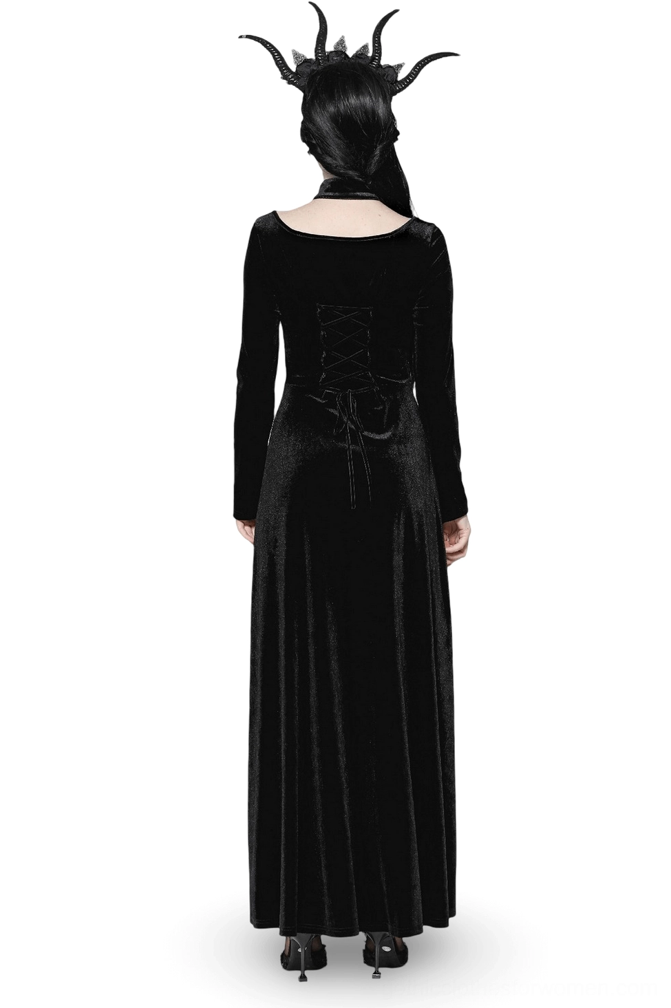 Back view of gothic velvet floor-length dress on model with horned headdress, showcasing back corset lace-up design and long sleeves