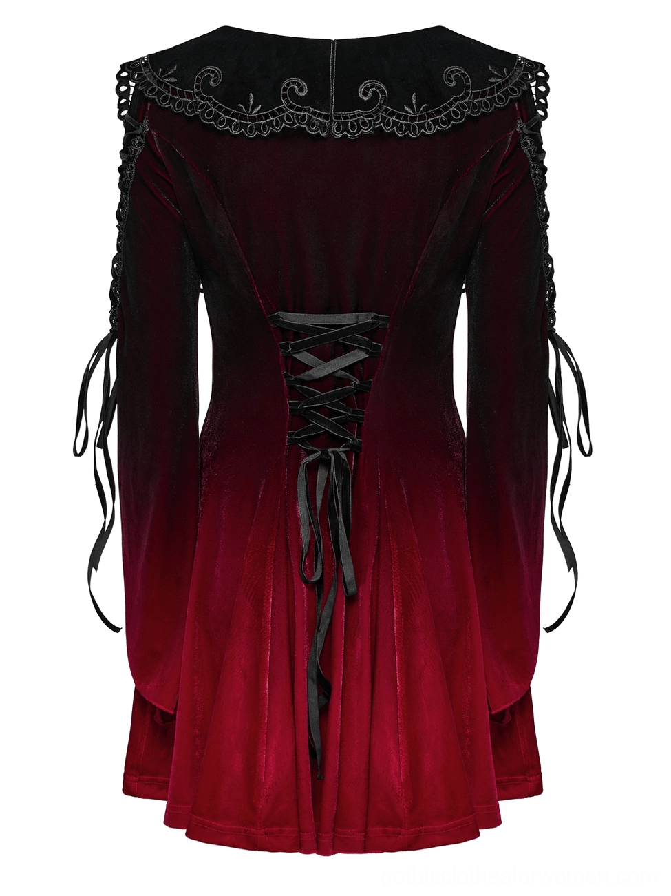 Back flat view of burgundy gothic velvet dress featuring rear corset lace-up closure and embroidered lace collar edge details