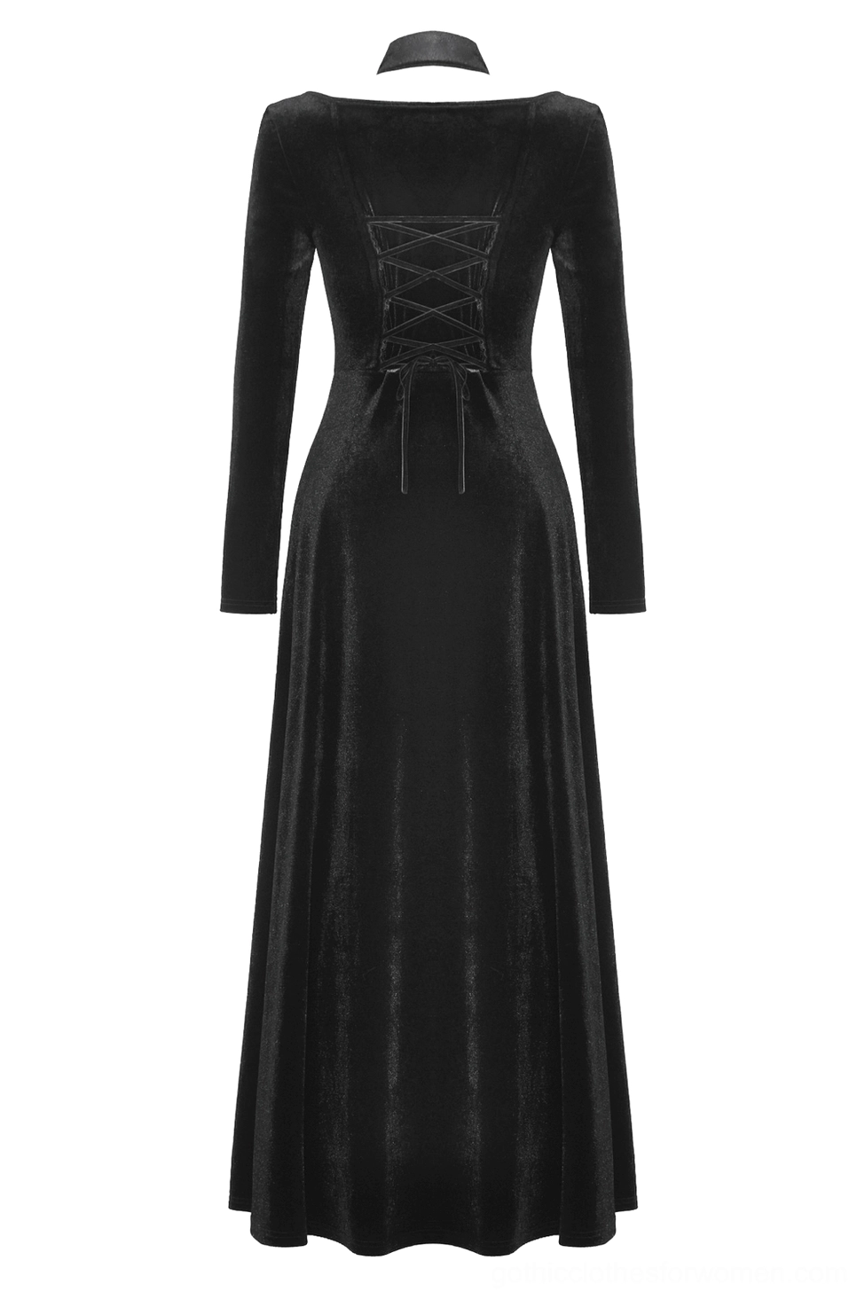Back flat lay of gothic velvet dress showing back corset lace-up, long sleeves with embroidered hem, and overall silhouette