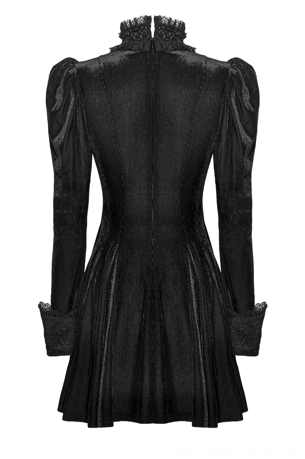 Rear hanging flat lay of black velvet gothic dress displaying fitted waist construction, vertical seam details, and mini skirt length