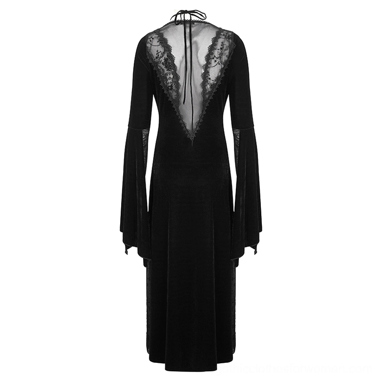 Gothic velvet maxi dress back view on mannequin displaying full length sheer lace back and floor-length hem