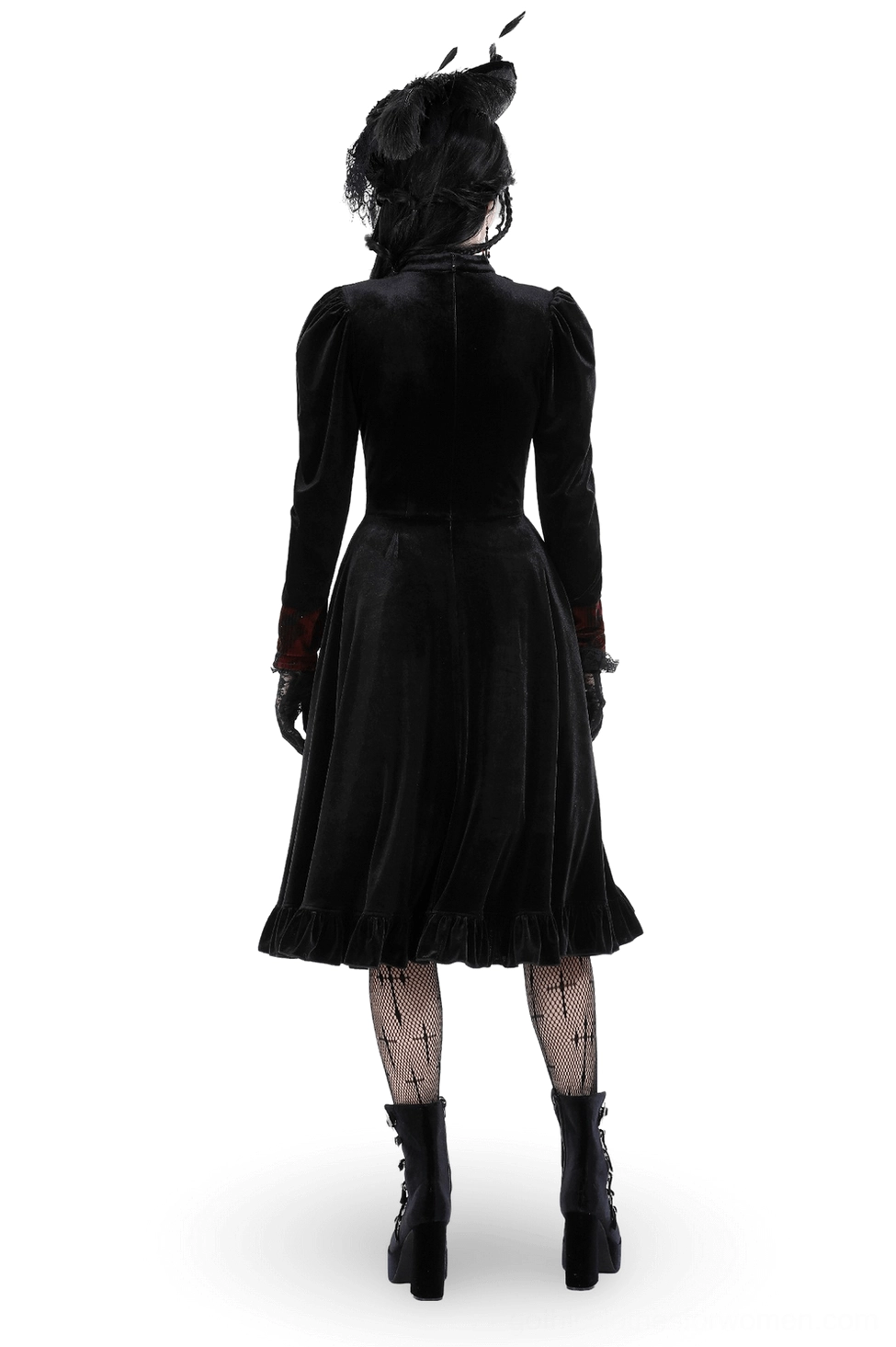 Black velvet gothic midi dress back view showing fitted silhouette and ruffled hem