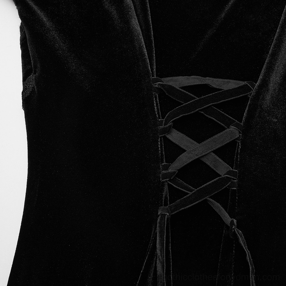Close-up macro view of back corset lace-up closure with velvet ribbon straps on black gothic high-low dress