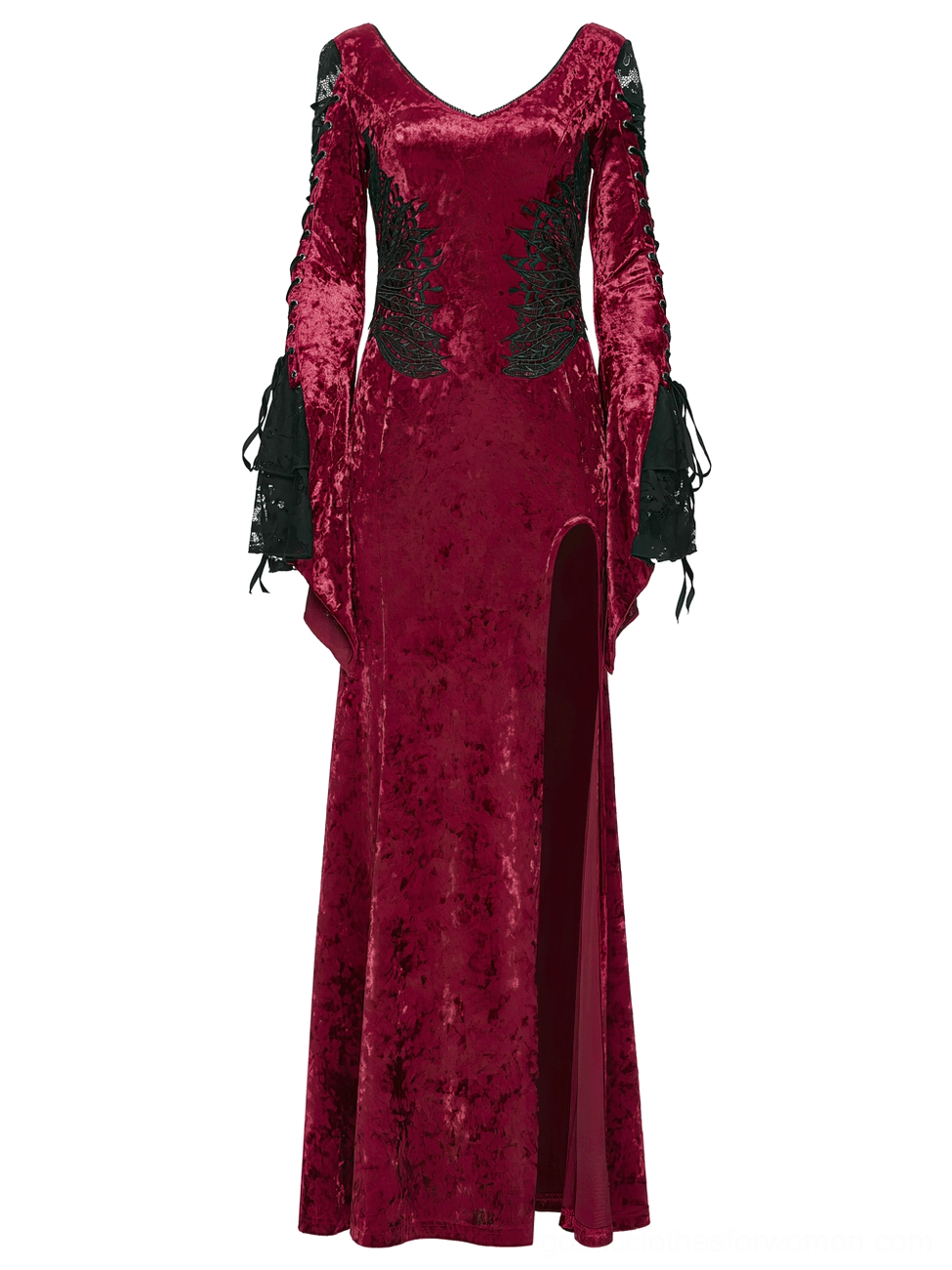Wine red velvet gothic formal dress back flat view highlighting lace-up corset closure and floor-length fishtail design