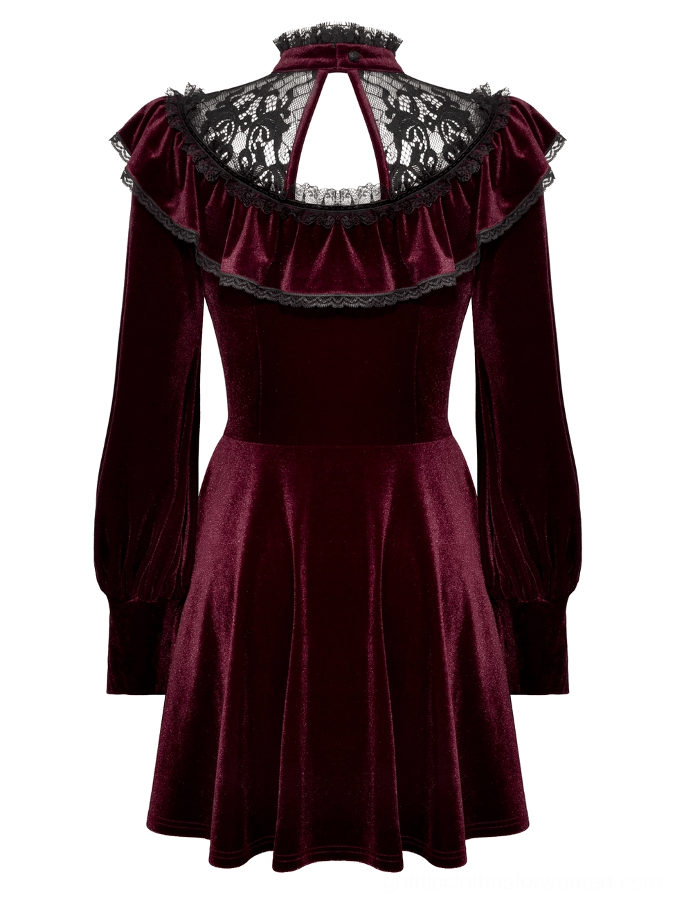 Burgundy velvet gothic mini dress - back open cutout with black lace yoke flat lay