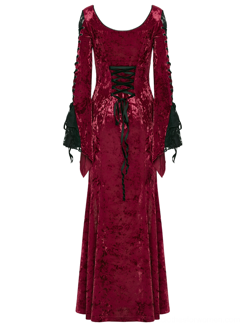 Back view of wine red velvet gothic dress showing black ribbon lace-up corset back with metal eyelets and flared lace cuffs