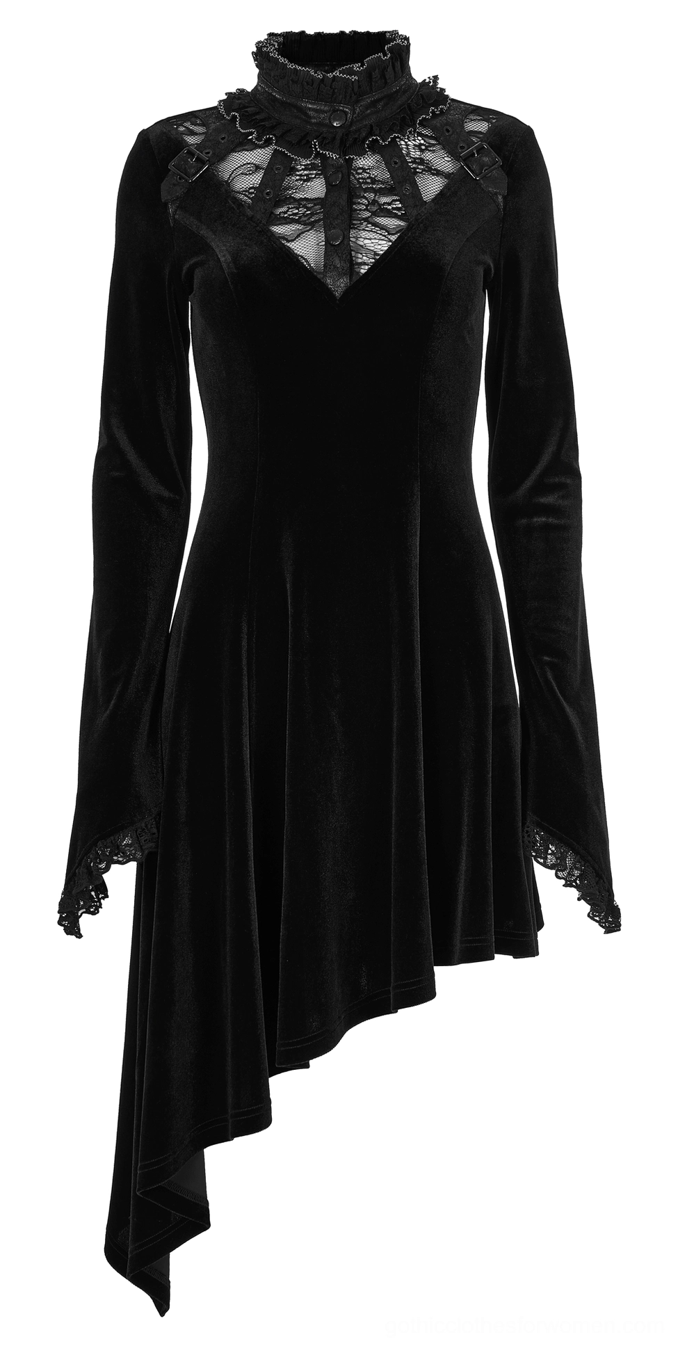 Black gothic velvet dress flat lay showing ruffled high collar, lace chest panel, and flared long sleeves