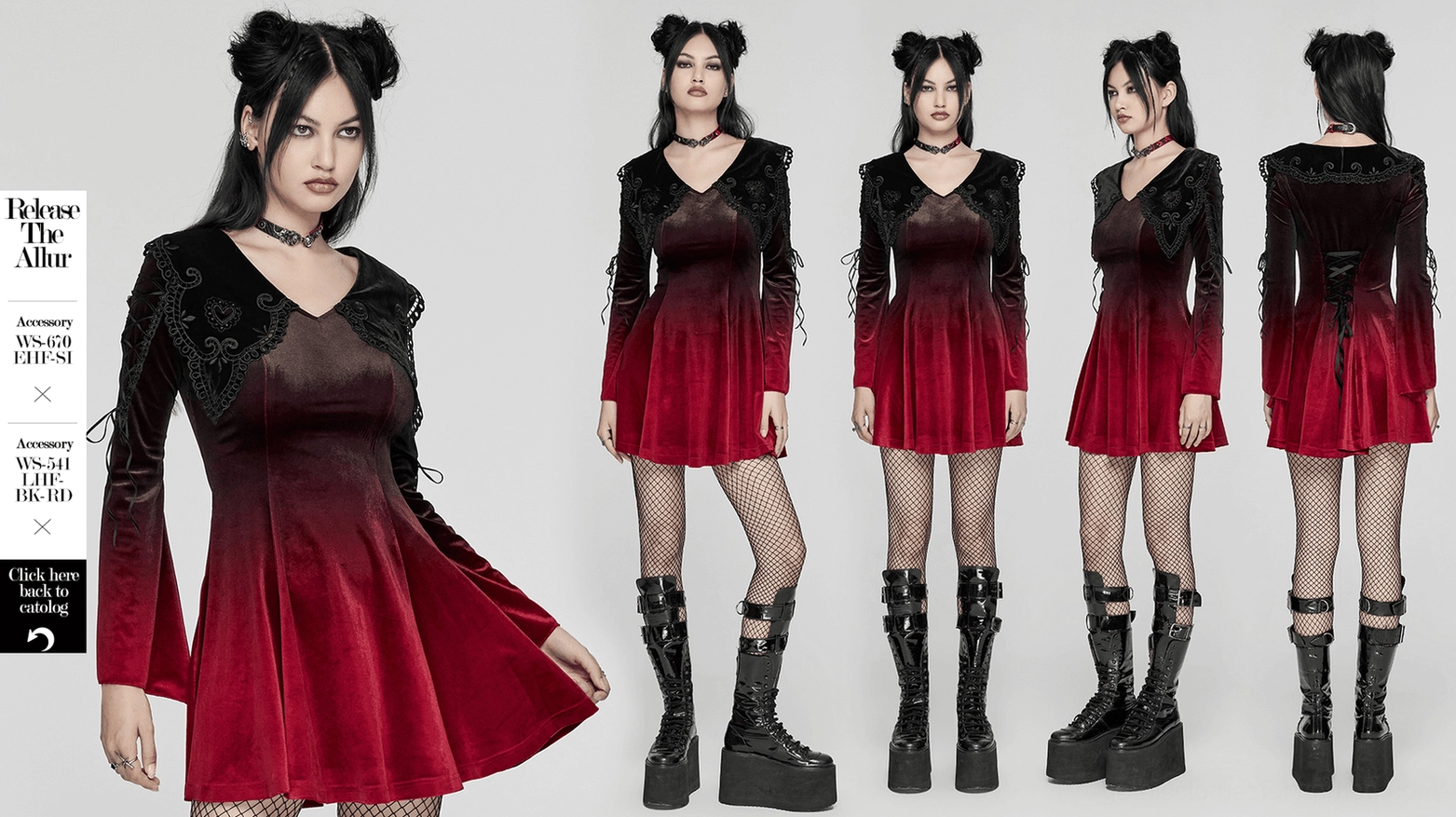 Burgundy velvet gradient gothic dress flat lay showing complete design with heart collar, flared sleeves, and A-line hem