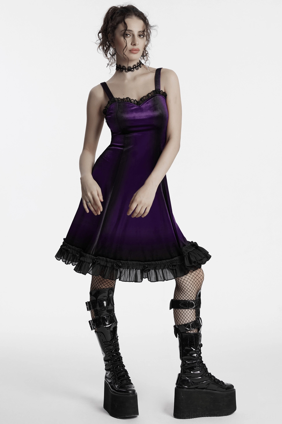 Purple ombre gothic velvet dress with adjustable corset back - alternative styling angle