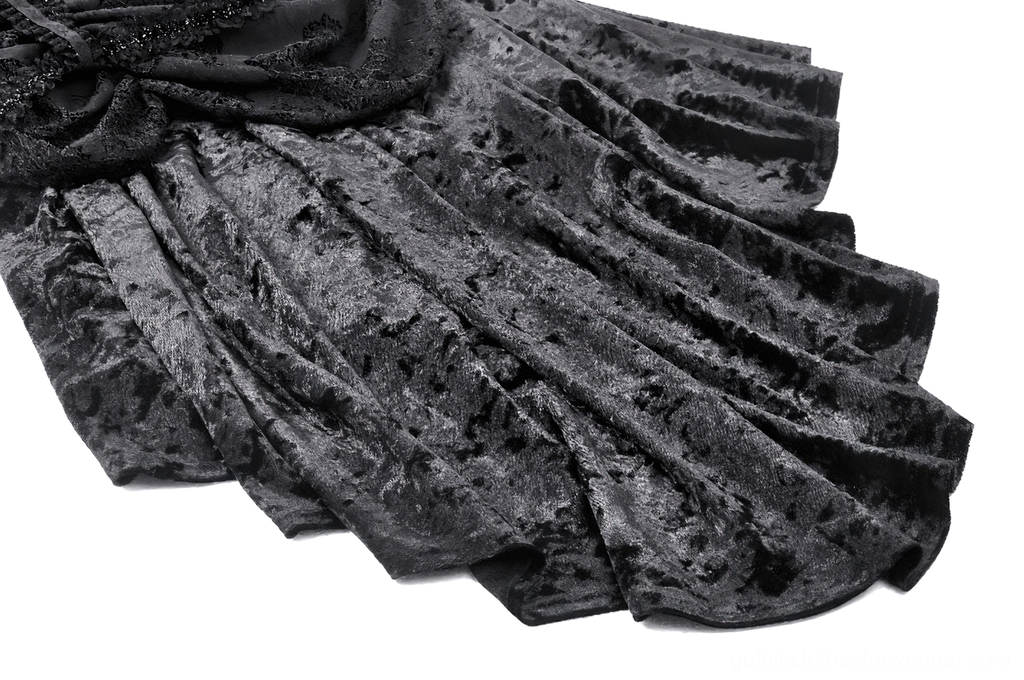 Black gothic velvet dress with model wearing crown headdress, complete goth styling inspiration photo