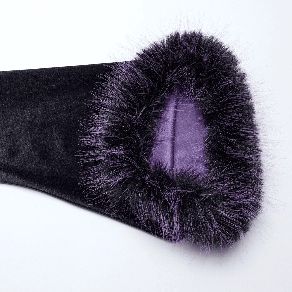 Sleeve cuff close-up of gothic velvet dress showing flared velvet sleeve with gradient purple faux fur trim detail