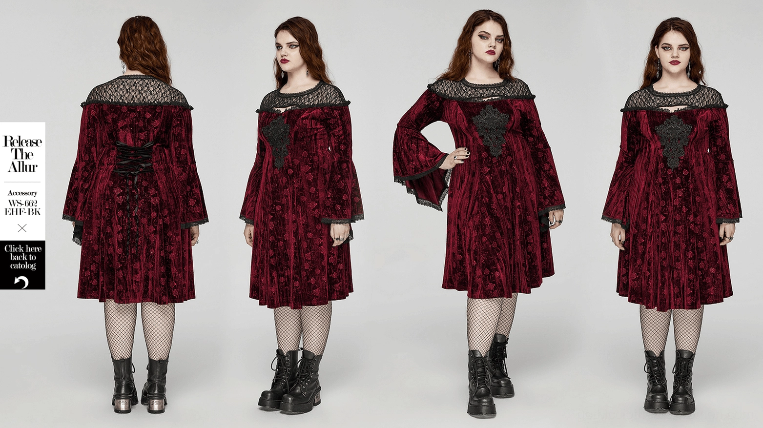 Drape and fabric flow of burgundy velvet gothic dress showing movement and silhouette