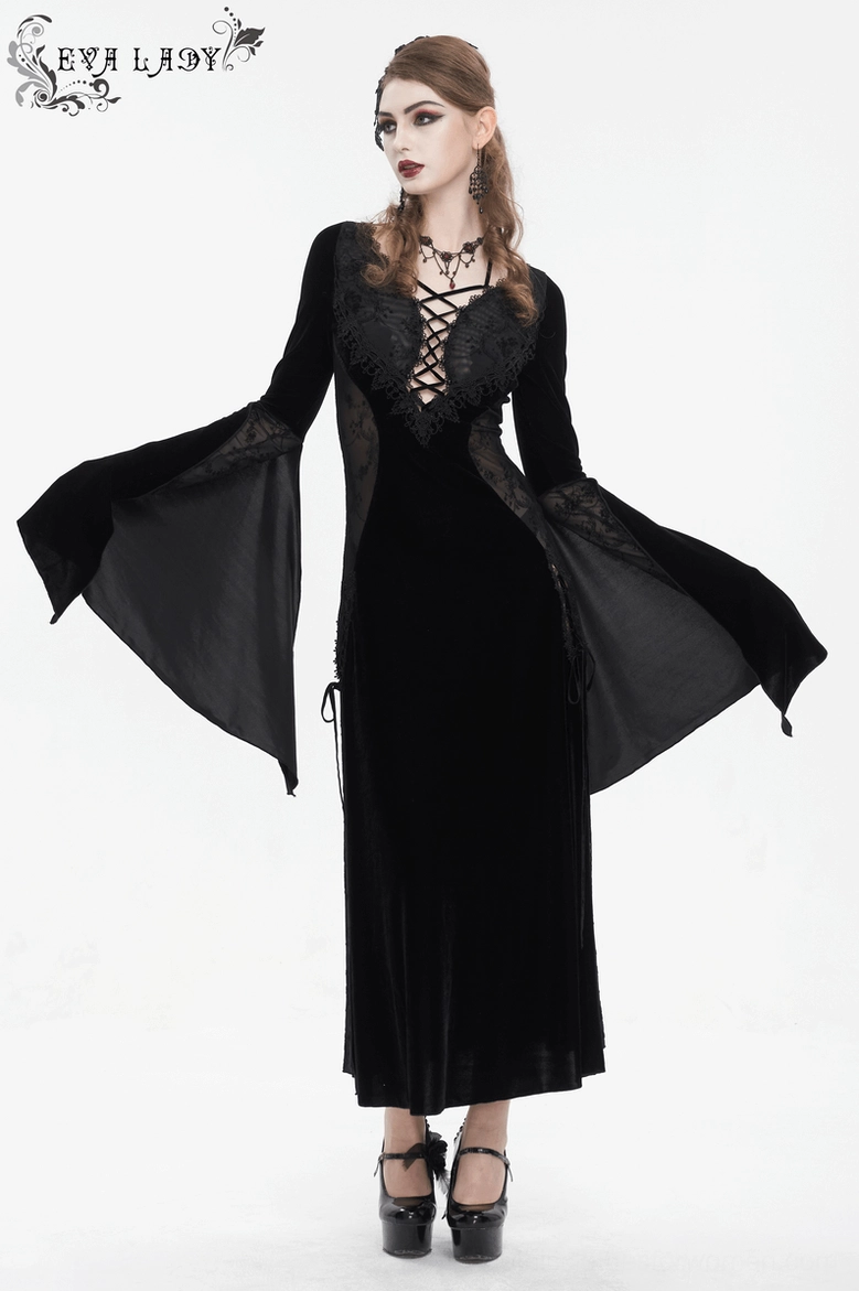 Alternative Gothic velvet dress detail shot showing fabric texture and embroidery craftsmanship