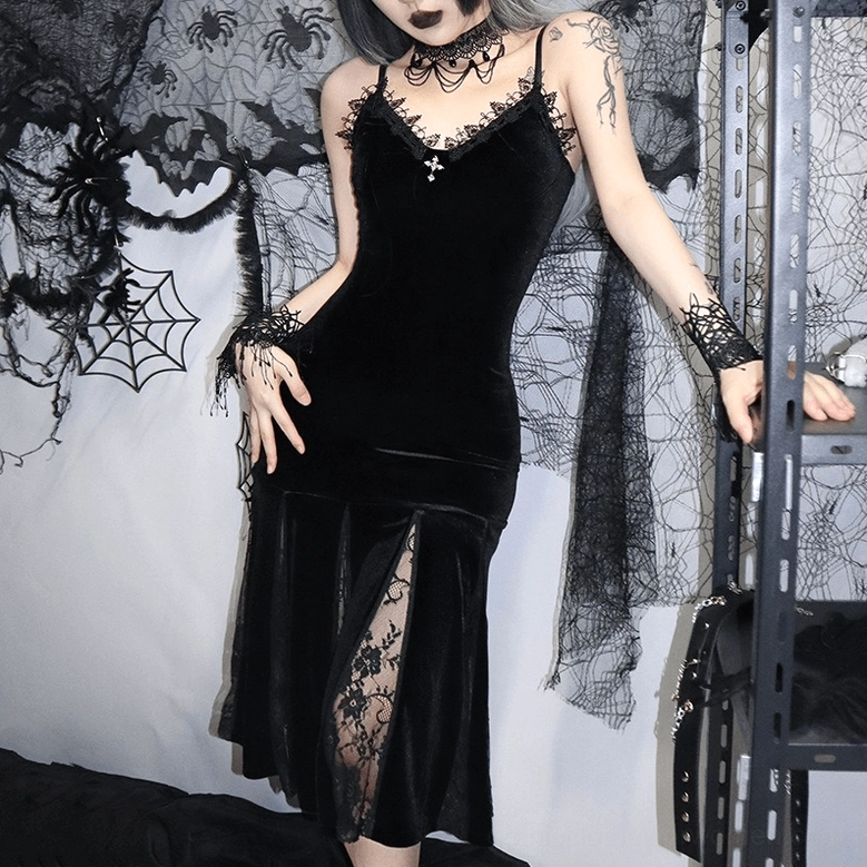 Gothic black velvet dress with fishtail hem and embroidered lace side panel detail