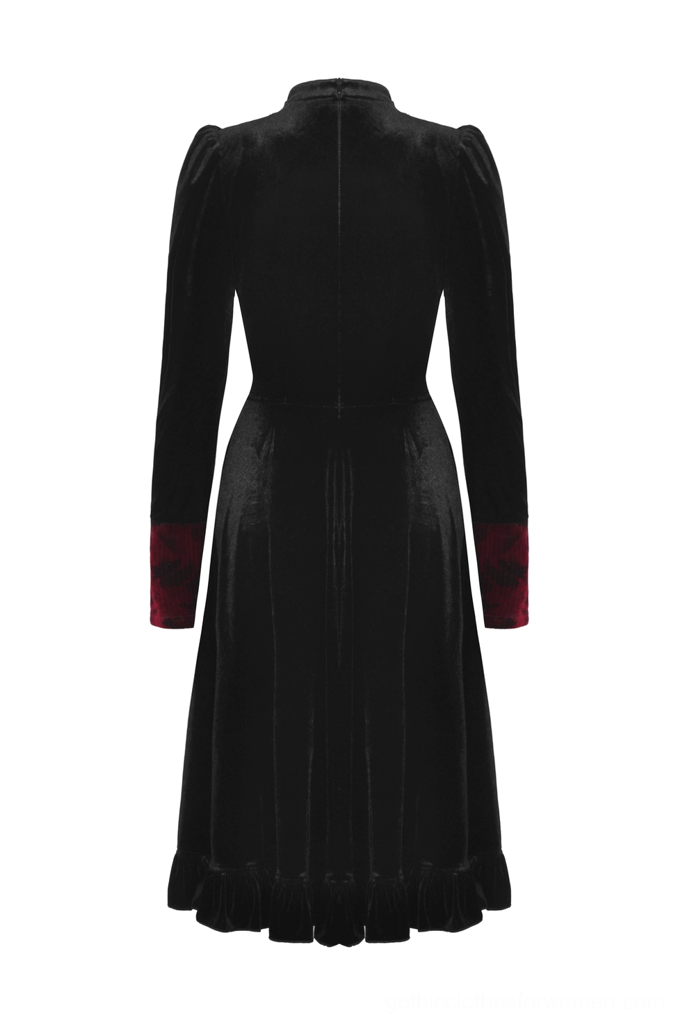 Black velvet gothic midi dress flat back display showing fitted cut and ruffled hem