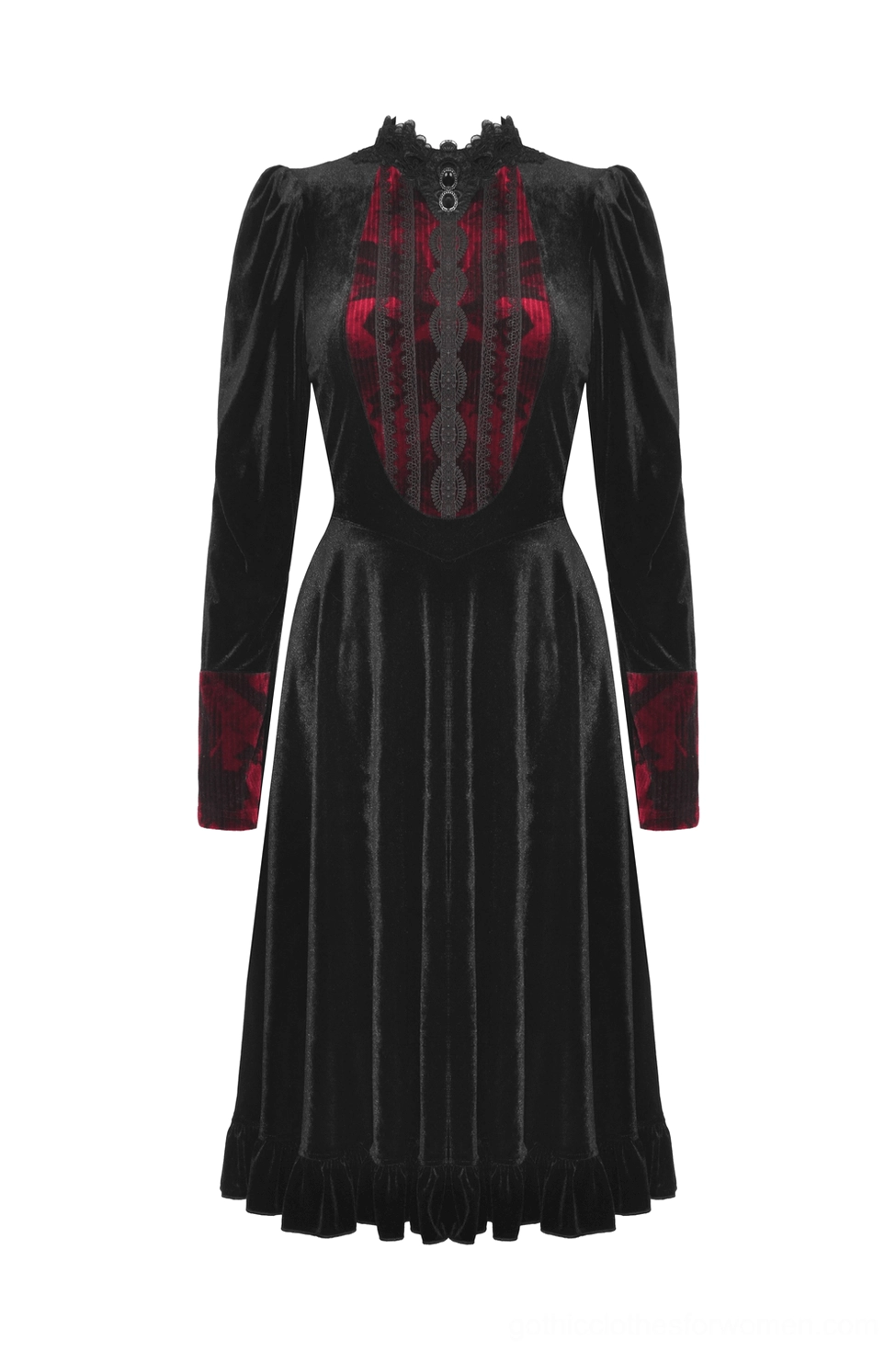 Black velvet gothic dress flat lay front showing high neck puffed sleeves and ruffled skirt
