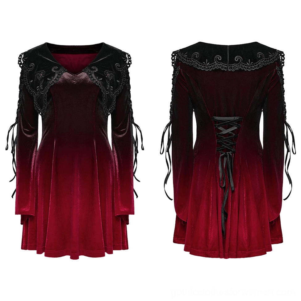 Burgundy velvet gothic dress flat lay front view displaying embroidered lace heart collar and flared sleeves with lace-up tassels