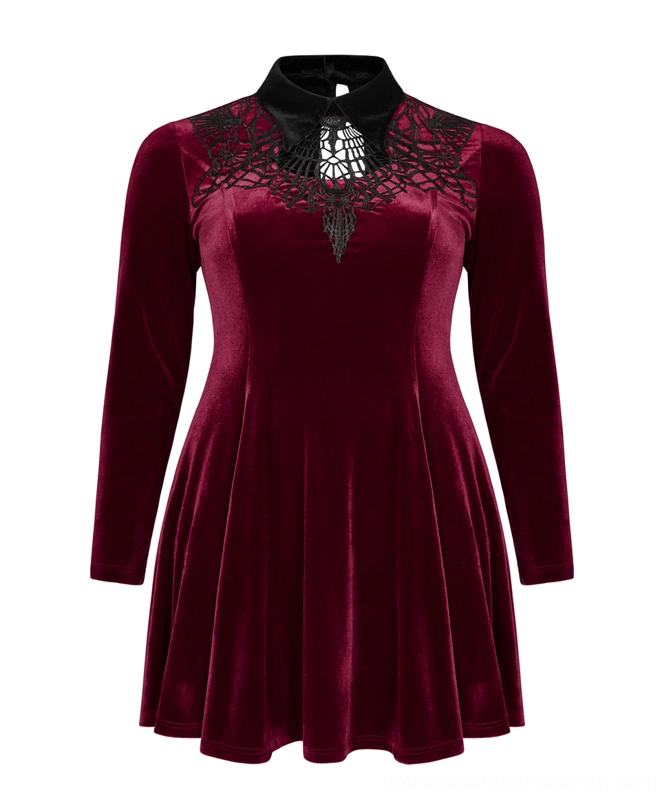Gothic velvet mini dress front flat lay with long flared sleeves and intricate spiderweb lace neckline detail