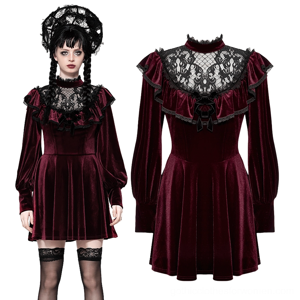 Gothic velvet mini dress burgundy and black lace detail - front and back flat lay comparison
