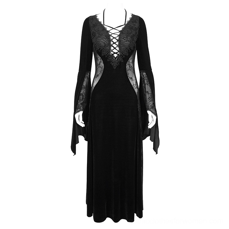 Black velvet Gothic dress displayed on mannequin front view showing lace-up corset bust, sheer side lace panels, and flared sleeves