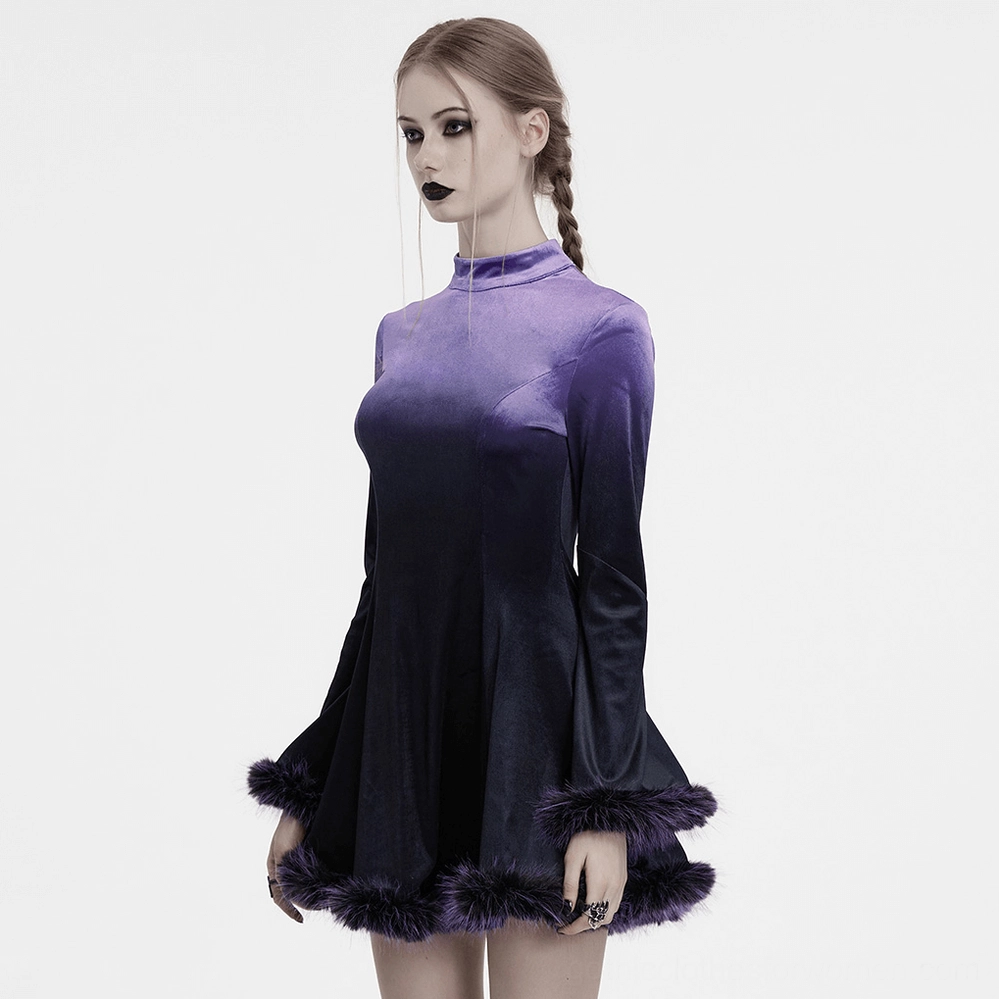 Purple gothic velvet dress on model, front full-body view with relaxed natural posing, standard fit demonstration