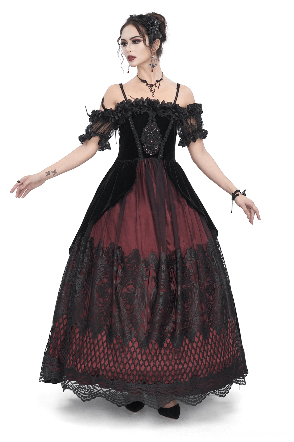 Black and burgundy velvet off-shoulder Victorian gothic ball gown - front full view with lace trim and feather accents on studio background