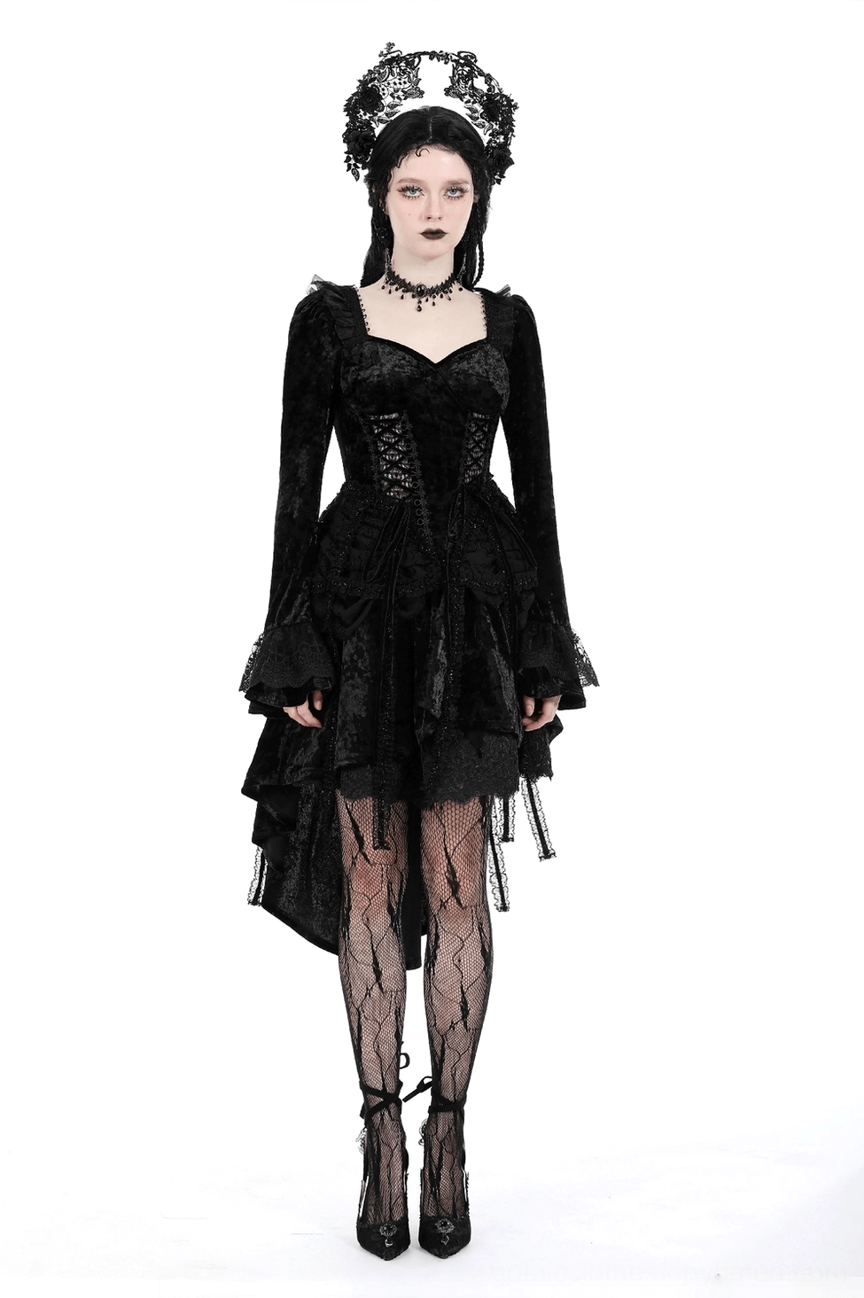 Black gothic velvet dress full-body model shot showing complete silhouette with high-low dovetail skirt
