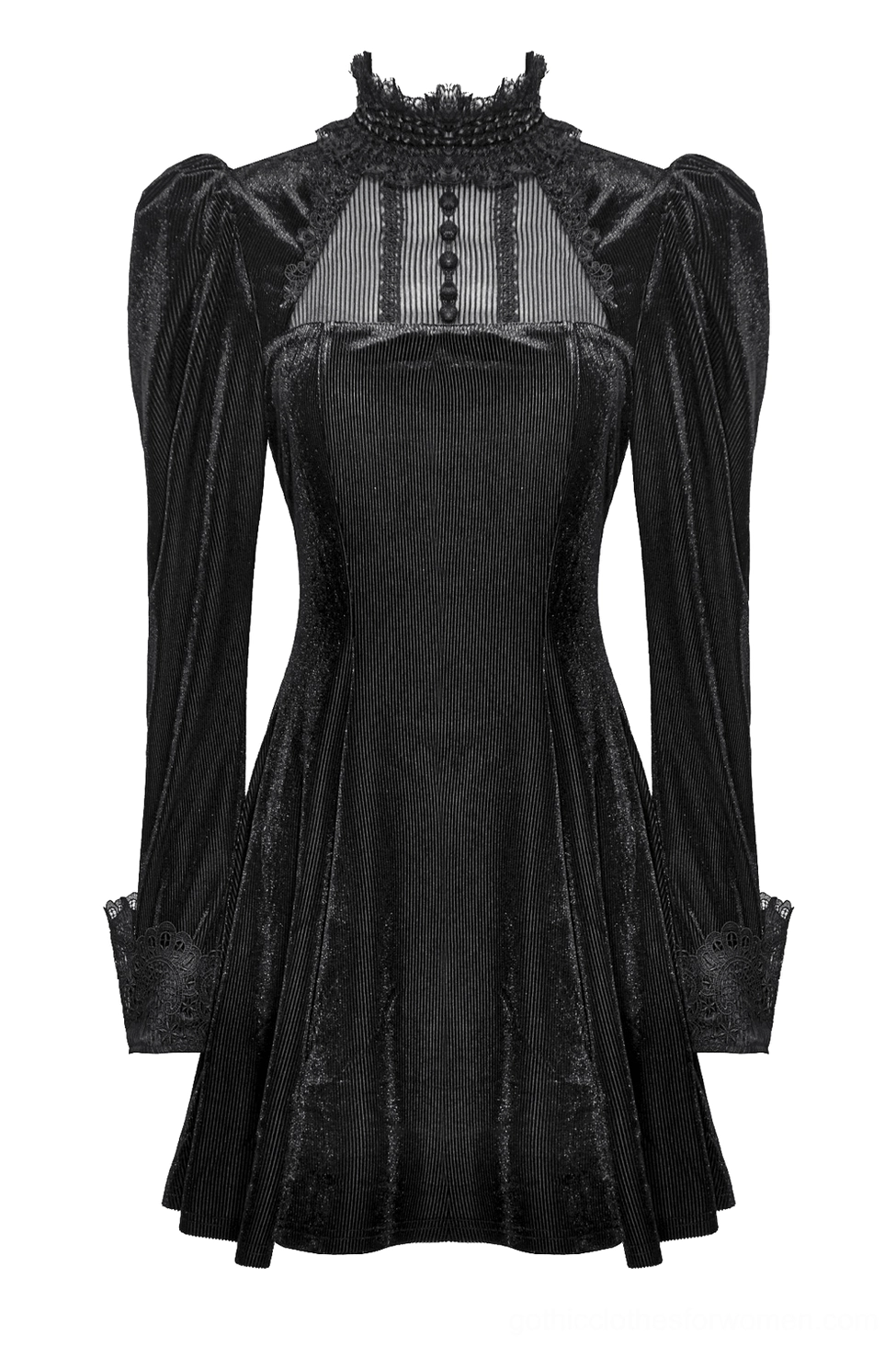 Hanging flat lay of black velvet gothic dress showing lace high collar, dramatic puff sleeves, sheer bust insert, and overall silhouette design