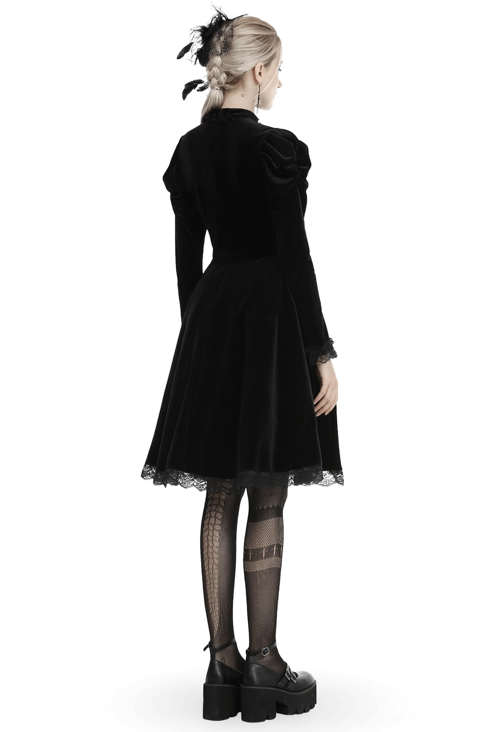 Black gothic velvet dress with lace hem and fitted waist - back full-body view showing elegant silhouette
