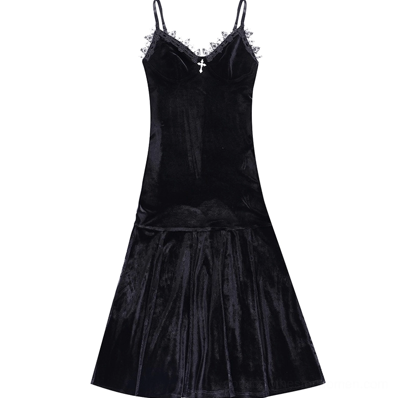 Black velvet gothic dress with scalloped lace neckline and cross pendant, full front view