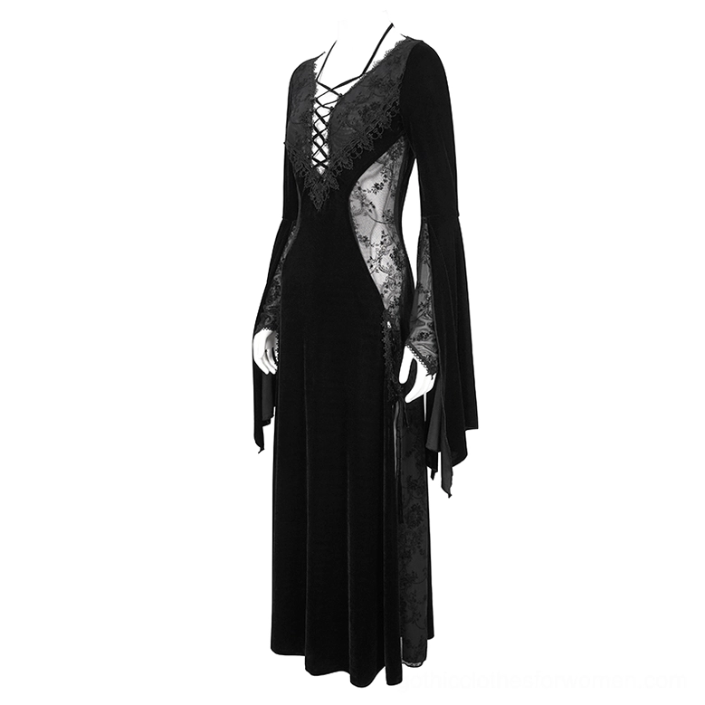 Gothic velvet maxi dress on mannequin front three-quarter angle highlighting structured lace-up front and dramatic flared sleeves
