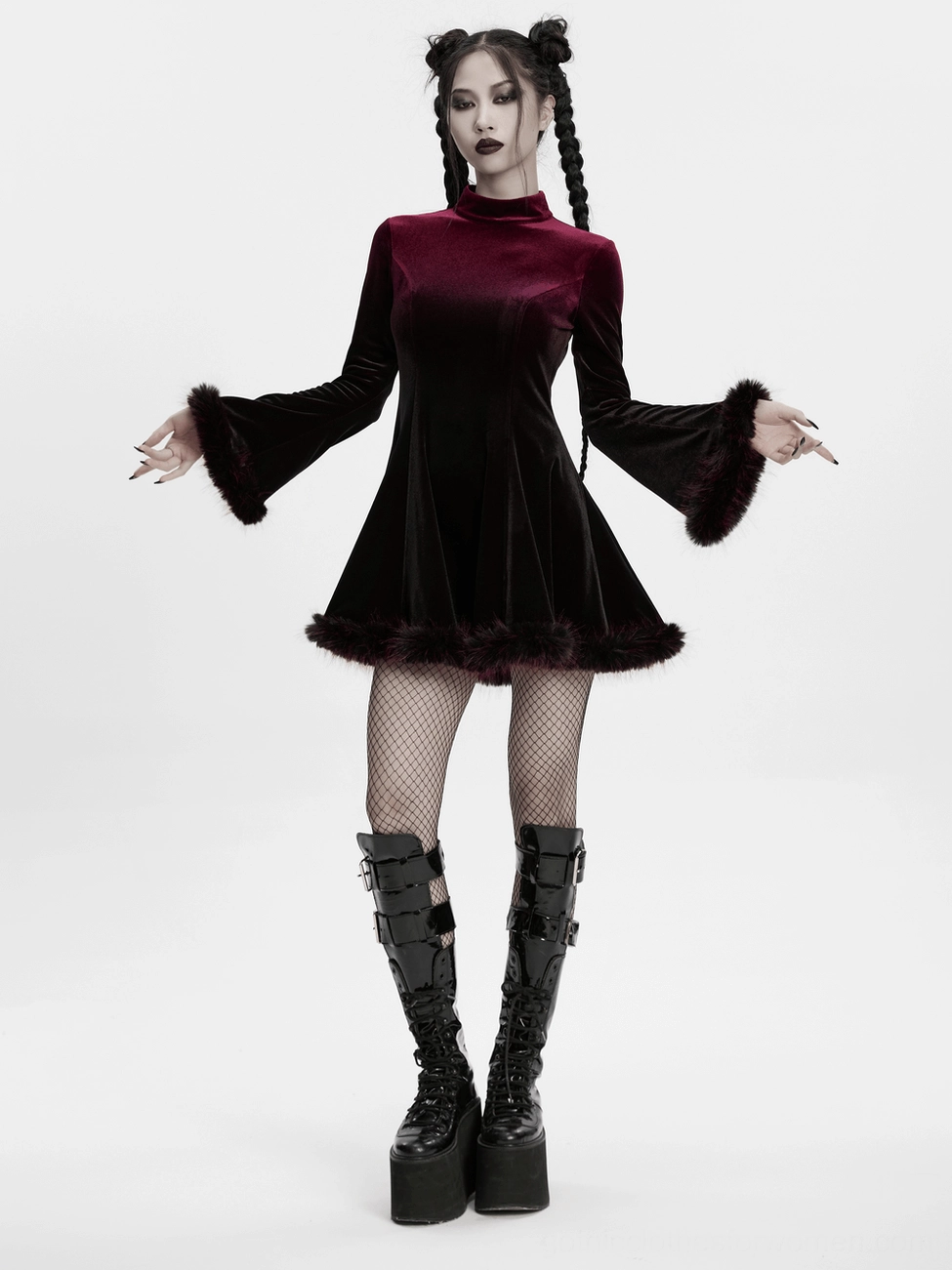Burgundy black gradient velvet gothic dress mock neck long sleeve detail