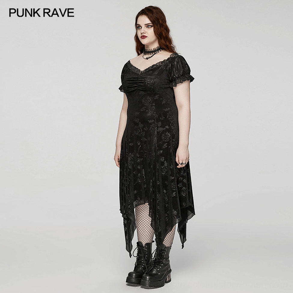 Black velvet gothic dress detail view highlighting lace-trimmed neckline and ruched chest construction