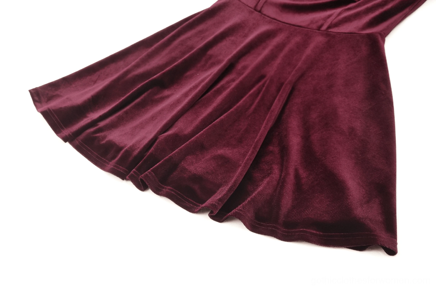 Pleated flared mini hem in burgundy velvet with ruffles - gothic dress skirt detail