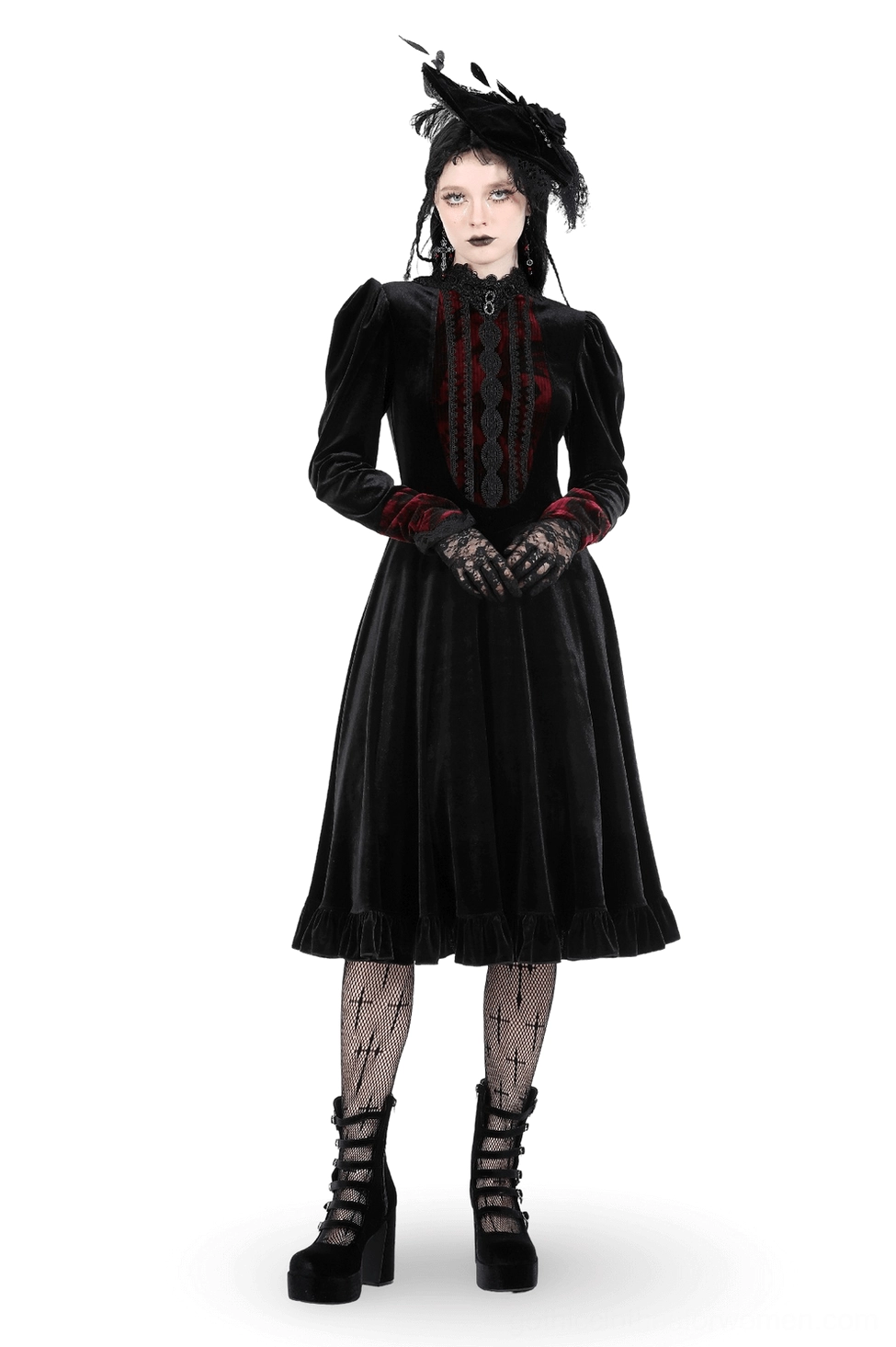 Gothic black velvet dress with red lace accents front three-quarter view on model