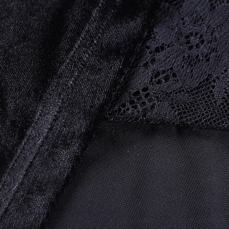 Velvet gothic dress with scalloped lace trim and cross pendant, detailed front view