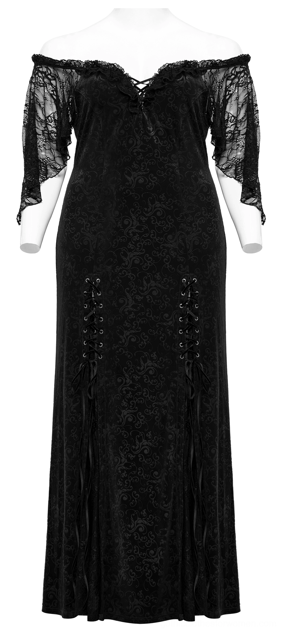 Side view of black gothic velvet dress on mannequin, highlighting fitted silhouette and side lace-up corset details