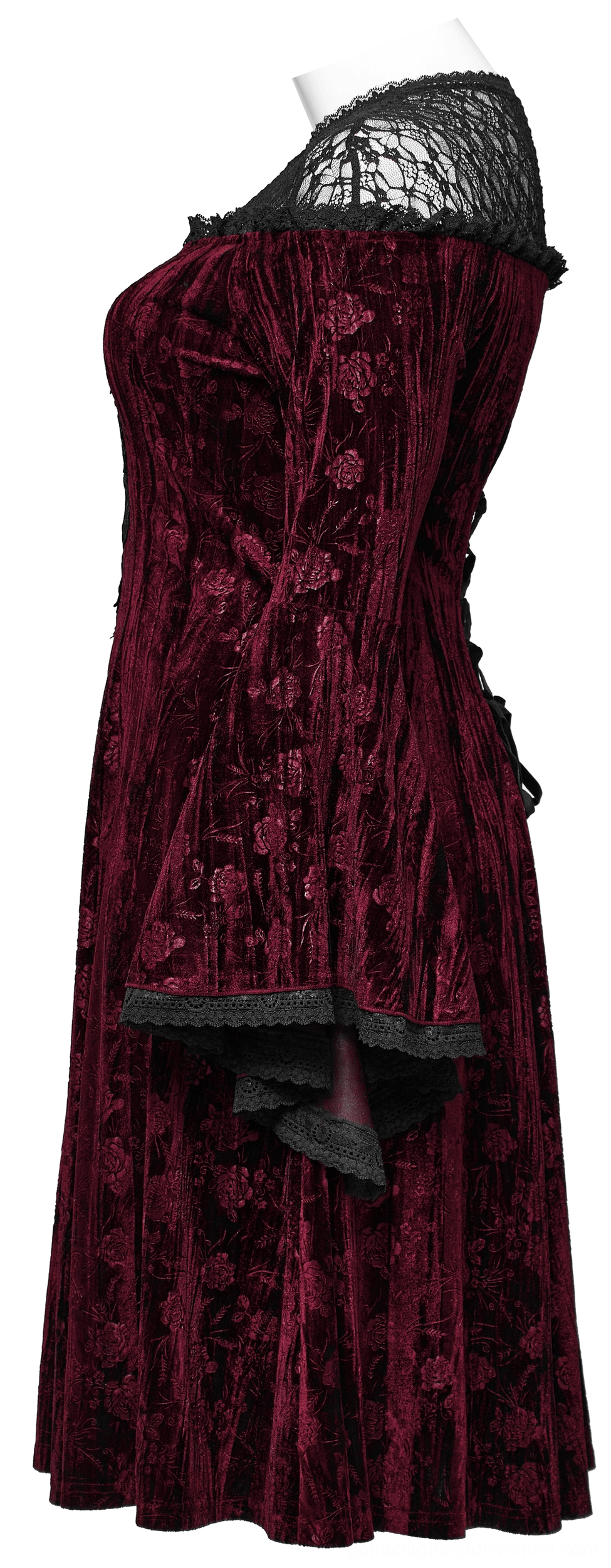 Side profile of burgundy gothic velvet midi dress showing fitted silhouette and sleeve construction