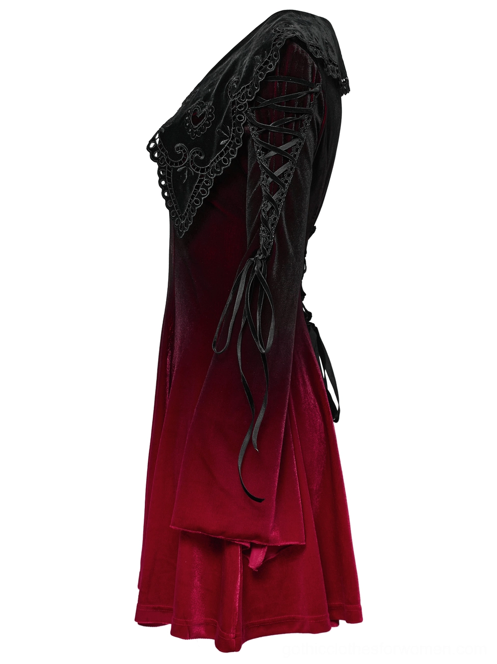 Side profile flat lay of burgundy velvet gothic dress highlighting delicate lace sleeve trims and smooth velvet fabric gradient