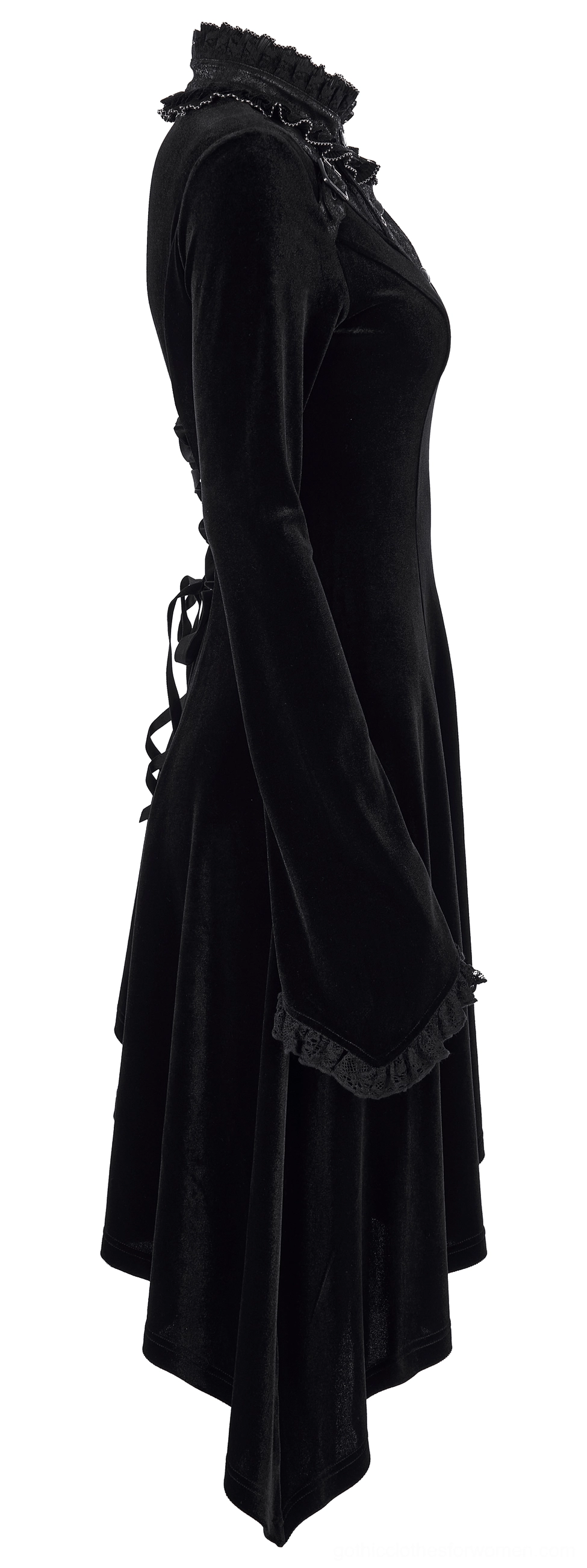 Side profile view of black gothic velvet asymmetrical dress with lace-trimmed cuffs and lace-up corset back