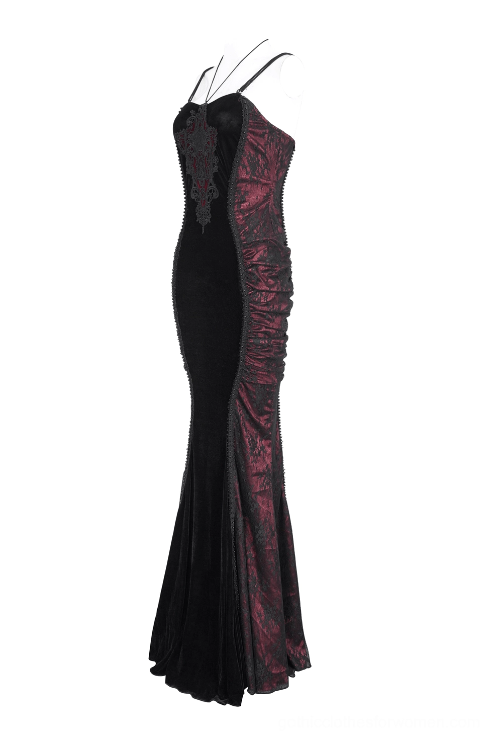 Black burgundy velvet gothic dress side view showing wine red lace panel inserts and ruching