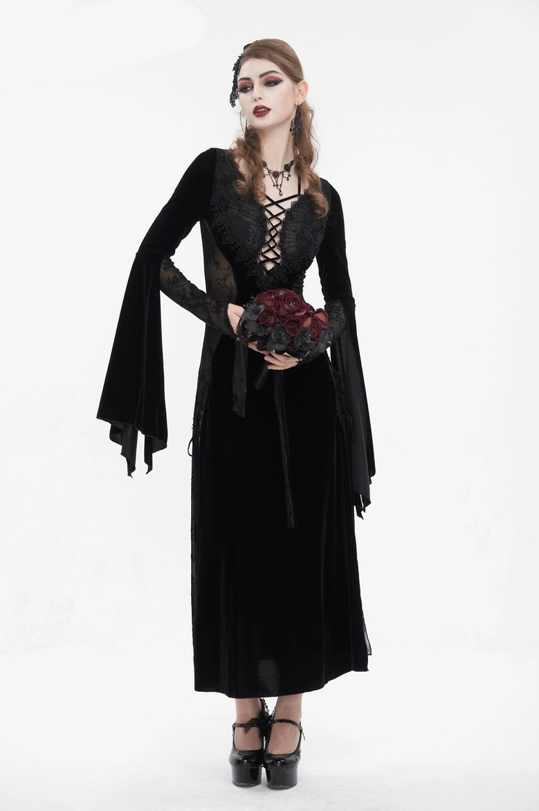 Gothic velvet maxi dress side view revealing sheer lace side panels and slim-fitting bodice construction