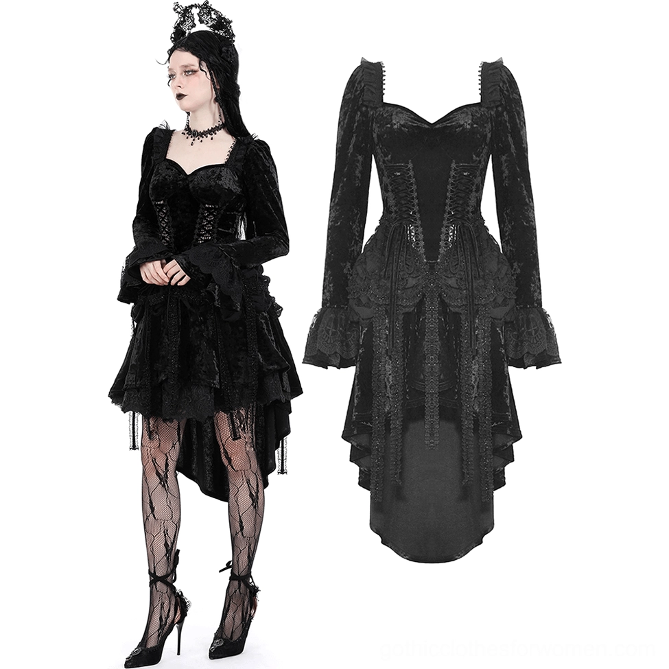 Black gothic dress with long flared sleeves, ruffled cuffs, and high-low dovetail skirt, side and flat lay detail views