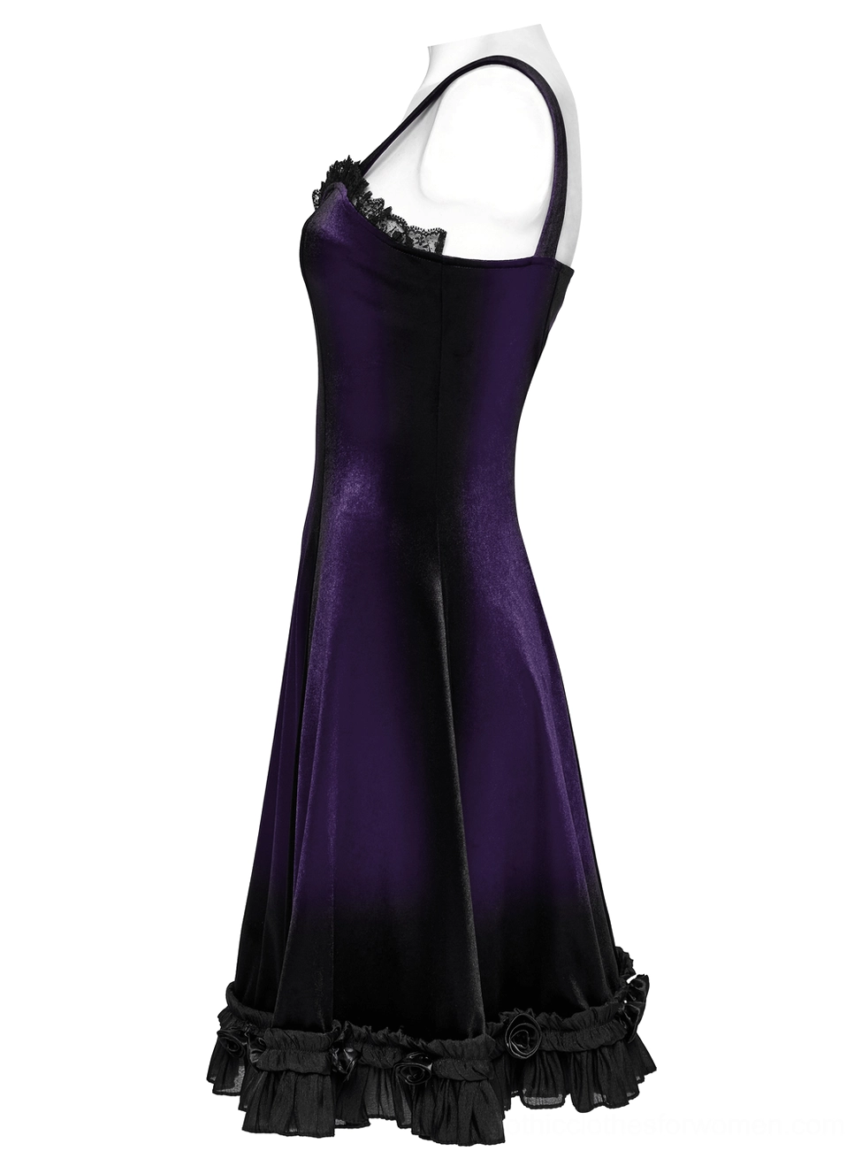 Purple velvet gothic slip dress with spaghetti straps and black lace trim - mannequin side view