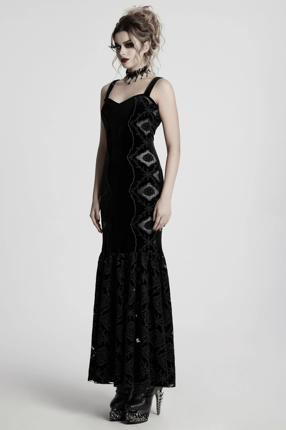 Styling view of black velvet gothic dress demonstrating how the adjustable back and sweetheart neckline create flattering fit