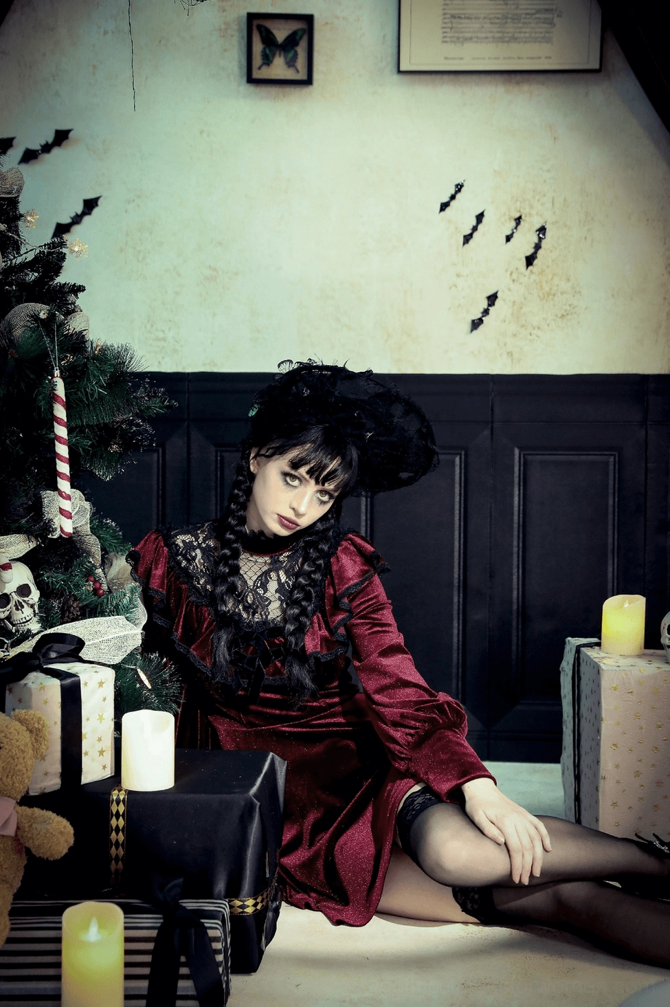 Gothic mini dress styling with platform boots and dark aesthetic accessories