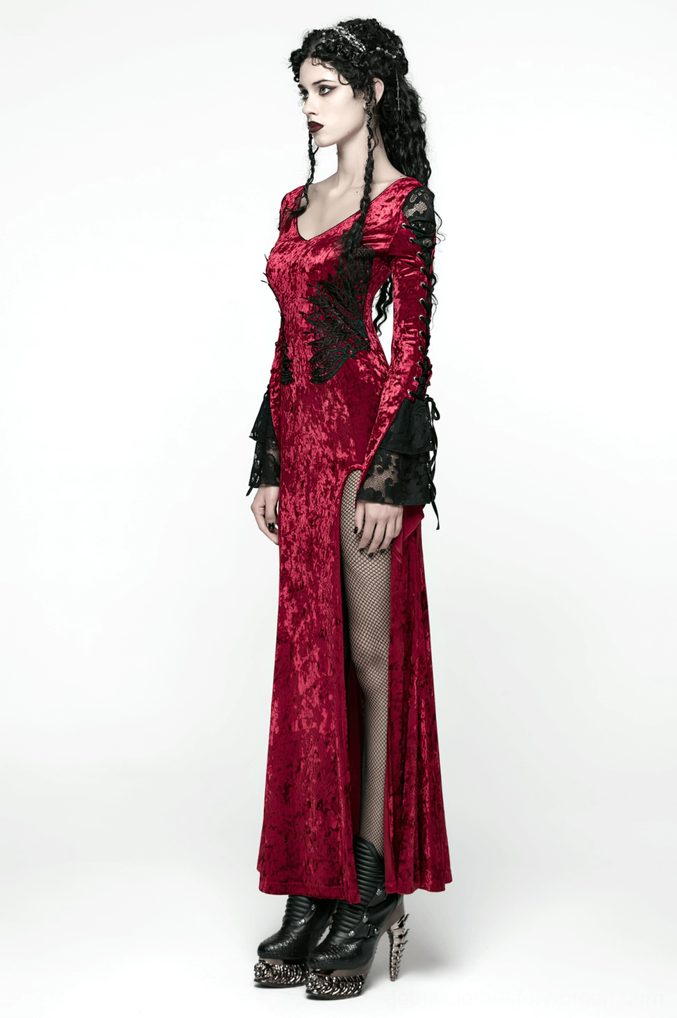 V-neck front detail of wine red velvet gothic dress showing precise construction and graceful neckline design