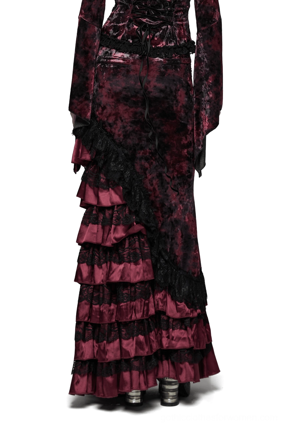 Gothic velvet fishtail skirt rear view on model, demonstrating back silhouette with layered lace trim and tiered ruffles