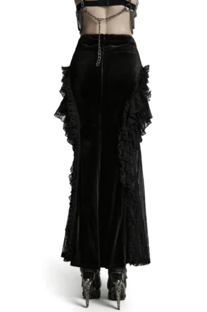Black velvet gothic fishtail skirt with back zipper closure and waist chain detail, rear view on model