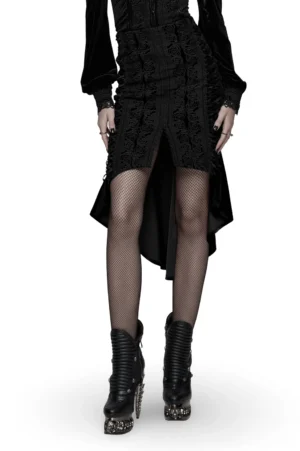 Black gothic velvet fishtail skirt with rose lace front panel, high-low hemline, and corset-style back, displayed on female model in full-body front view